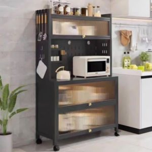 Luxury Full Kitchen Cabinet Set with Fluted Translucent Doors, Microwave Station & Side Pegboard Hanging Organizer