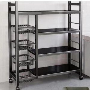 Premium 4-Layer Heavy-Duty Mobile Kitchen Organizer Rack with 4 Side Pull-Out Baskets & Caster Wheels  